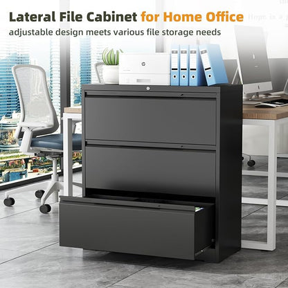Lateral File Cabinet, 3 Drawer Lateral Filing Cabinet with Lock, Metal Lateral Filing Cabinet for Home Office, Office Organization Cabinet for Letter/Legal/F4/A4 Size (Require Assembly)