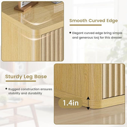 Fluted Nightstand with 3 Drawers, Wood Night Stand with Storage, 25" Wide Side Table, Modern Bedside Table for Bedroom, End Table for Living Room, Handleless Design, Curved Profile, Natural Oak 1PC
