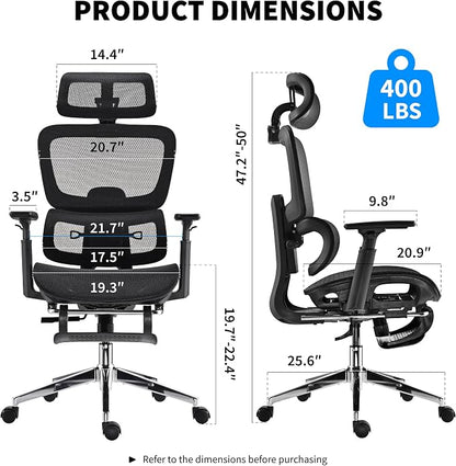 Mesh Ergonomic Office Chair with Footrest, Black | High Back, Lumbar Support, Adjustable Headrest and Armrests, Gaming Chair,Home Office Desk Chair