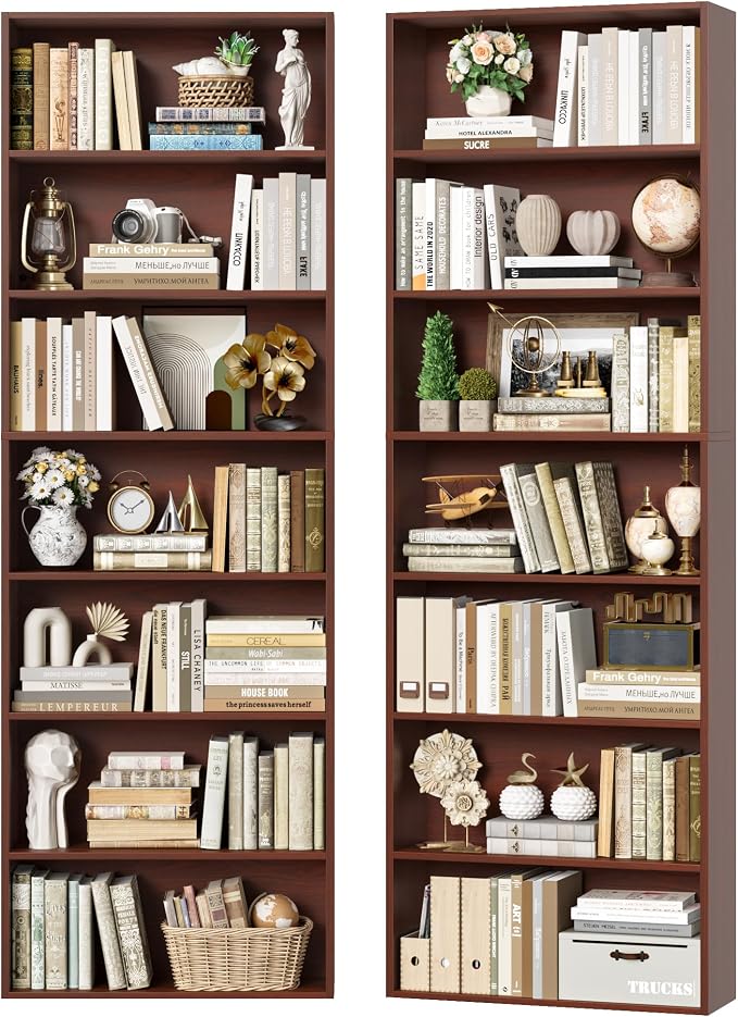FACBOTALL 82" Tall Bookshelf Set of 2, 7-Tier Double Open Shelves Bookcase,Freestanding Display Storage Shelves, Tall Bookcase Home Decor Furniture for Home Office,Living Room,Bedroom, Cherry