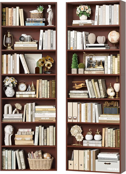 FACBOTALL 82" Tall Bookshelf Set of 2, 7-Tier Double Open Shelves Bookcase,Freestanding Display Storage Shelves, Tall Bookcase Home Decor Furniture for Home Office,Living Room,Bedroom, Cherry