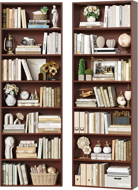 FACBOTALL 82" Tall Bookshelf Set of 2, 7-Tier Double Open Shelves Bookcase,Freestanding Display Storage Shelves, Tall Bookcase Home Decor Furniture for Home Office,Living Room,Bedroom, Cherry