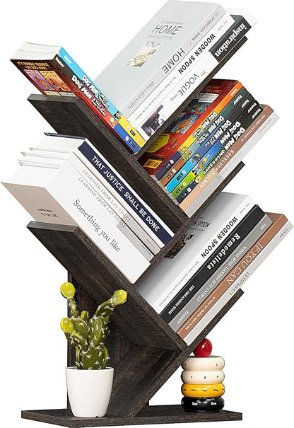 SHEEPAM 5 Tier Tree Book Shelf, Small Desktop Bookshelf with Storage Organizer, Wood Bookcase, Desk Display Bookshelves, Floor Standing Organizer Bookcases for Living Room,Bedroom,Office-Dark Grey
