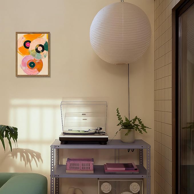 Vintage Vinyl Record Wall Art - Framed Canvas Music Decor for Living Room & Studio, Colorful Abstract Oil Painting in Wood Frame, Retro Record Player Print for Bedroom 8x10 inch