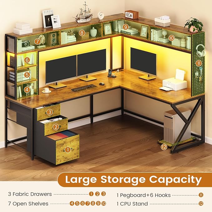 SEDETA L Shaped Desk with Hutch and 3 Drawers, Convertible 94.5" Computer Desk with File Drawer, L Shaped Office Desk with Power Outlet, LED Lights, Storage and Pegboard for Home Office, Brown