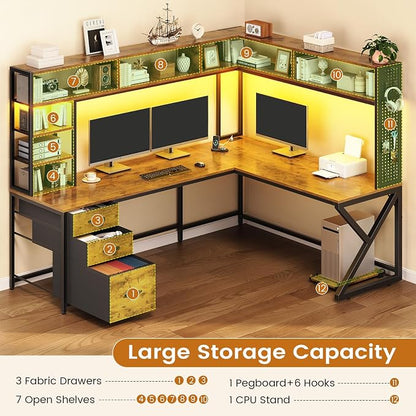 SEDETA L Shaped Desk with Hutch and 3 Drawers, Convertible 94.5" Computer Desk with File Drawer, L Shaped Office Desk with Power Outlet, LED Lights, Storage and Pegboard for Home Office, Brown