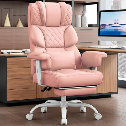 Vonesse Big and Tall Office Chair, Desk Chair with Soft Adjustable Armrests, Ergonomic High Back Gaming Chair with Lumbar Support, Executive Computer Chairs with Footrest (PU Leather, Pink)