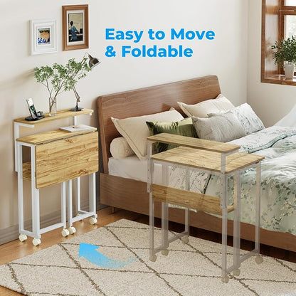 GreenForest Folding Desk with Adjustable Monitor Stand, 24.8 in Small Desk | Storage Shelf, Lockable Wheels, Portable, Space Saving, Mobile Rolling Table for Small Spaces, Home Office, Writing, Oak