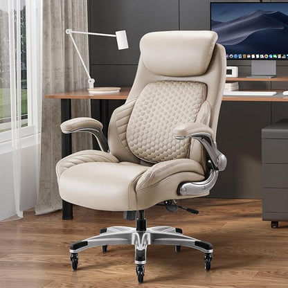 COLAMY Office Chair Ergonomic Desk High Back Executive Chair with Pop-Out Lumbar Support, Upgraded Casters, Adjustable Headrest, Flip-Up Arms, Leather Home with Thick Cushion for Comfort - Khaki