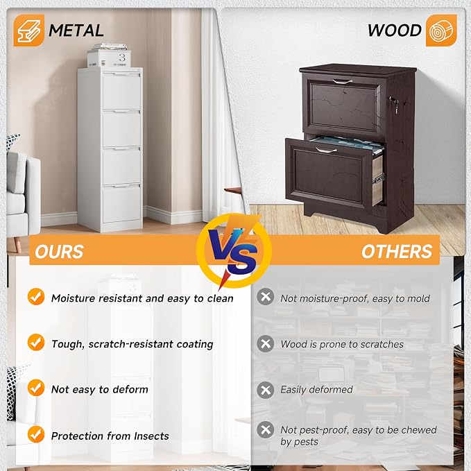 Bestoo 4 Drawer File Cabinet with Lock Metal Vertical Filing Cabinet Narrow File Cabinet Locked for Home Office A4 Legal/Letter Size Assembly Required (White, 4 Drawers-Vertical)