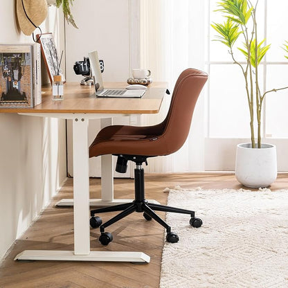 YOUTASTE Coffee Brown Office Chair Modern Armless Desk Chair with Wheels Adjustable Swivel Rocking Rolling Computer Study Chairs Faux Leather Sewing Chairs with Back Stylish Vanity Chair