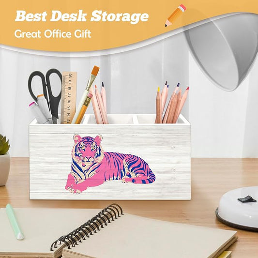 Trendy Retro Pink Tiger Pen Holder Organizer for Desk Accessories, Funky Preppy 70s Wooden Box Sign Desk Decorations for Girly Room Bedroom Dorm School Decor, Tiger Gifts for Women