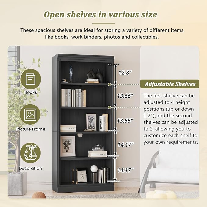 83" Tall Bookcase Suite with light strip, 5-Tier Wood Home Decor Bookcase Suite with Adjustable Shelves, Storage Organizer, Free Standing Storage Shelves Suite for Living Room,Home Office, Black