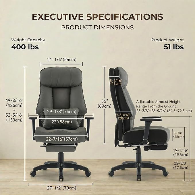 EXCEBET Big and Tall Office Chair 500lbs - 22.4" Extra Wide Seat Ergonomic Executive Chair, Heavy Duty High Back Leather Office Chair with Footrest, Lumbar Support & Adjustable Arm (Grey)