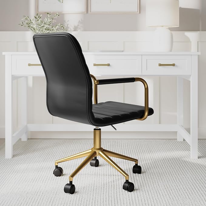 Martha Stewart Taytum Swivel Task Chair with Armrests for Home Office in Black Faux Leather with Polished Brass Frame