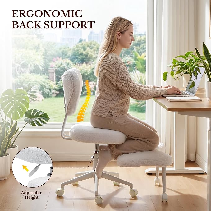 Cross Legged Office Chair with Wheels, 360 Swivel Height-Adjustable Meditation Chair with Lumbar Support, White