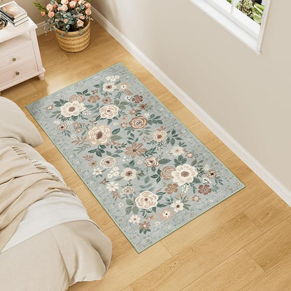 DUKINO 2x4 Rug for Entryway, Washable Kitchen Floral Runner Rug with Non Slip Backing, Low Pile Soft Boho Carpet for Kitchen, Hallway, Entryway, Laundry, Bedroom, Sage Green