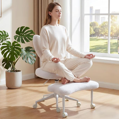Cross Legged Office Chair with Wheels, 360 Swivel Height-Adjustable Meditation Chair with Lumbar Support, White