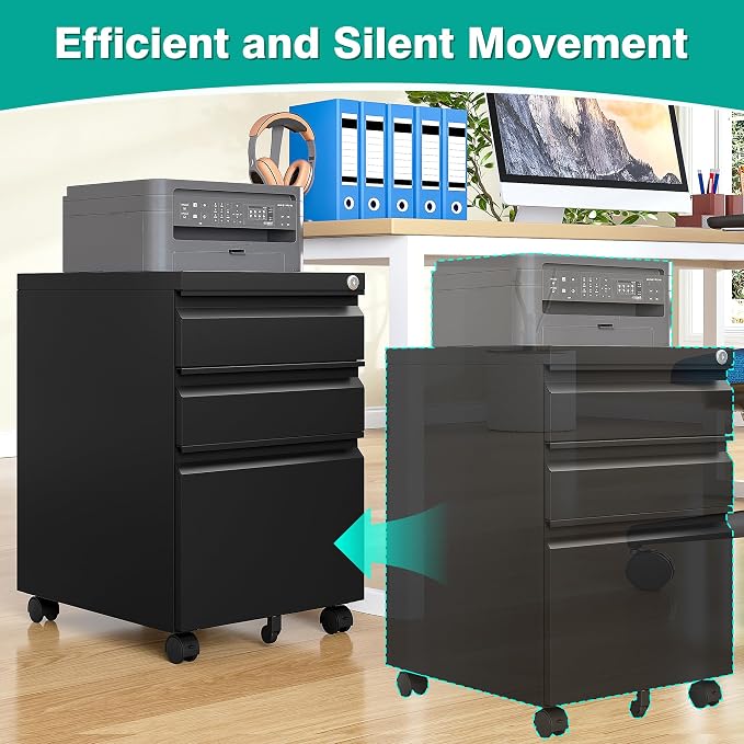 3 Drawer File Cabinet with Lock,Under Desk File Cabinet with Wheels,Black Rolling Filing Cabinets,Three Drawer Metal Filing Cabinet for Home Office,Fit A4/Letter/Legal File,- Assembly Required