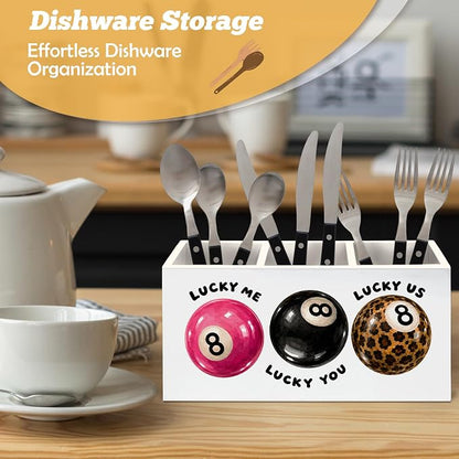 Trendy Retro 8 Ball Pen Holder Organizer for Desk Accessories, Girly Office Decor, Funky Preppy Y2K Lucky Me Lucky 8 Ball Wooden Box Sign Desk Decorations for Girls Room Bedroom Dorm Decor