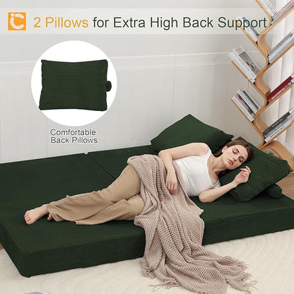 COMAX Futon Sofa Bed, Convertible Folding Sofa Bed, Boneless Couch Loveseat Corduroy with Pillows, Small Foldable Floor Couch Comfy Lounge Sleeper for Living Room Bedroom, Green