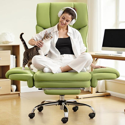 Big and Tall Office Chair, 400LBS Wide Leather Gaming Chair with Footrest, High Back Executive Chair, Reversible Armrest for Pets, 135° Reclining Cross Legged Chair with Lumbar Support(Avocado Green)