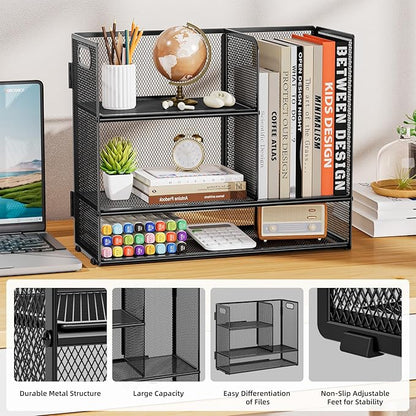 Marbrasse 3-Tier Desk Shelf Organizer with Handle, Desktop Bookshelf File Holder, Mesh Display Shelf Organizer Storage Rack for Office, Home, Supplies, Kitchen (Black)