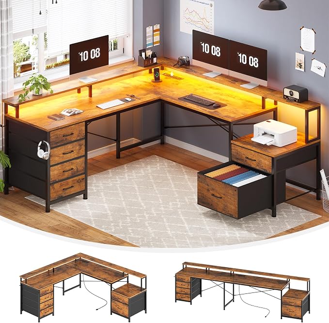 SEDETA L Shaped Desk with 6 Drawer, 108" Home Office Desk with File Drawer & Power Outlet, Corner Computer Desk with Monitor Shelf, Two Person Desk, Gaming Desk with Led Lights, Rustic Brown