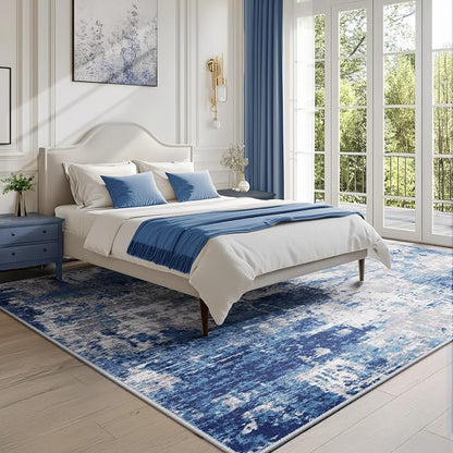 RELEANY Washable Area Rugs 7'x9' Non-Slip Modern Abstract Soft for Living Room Entryway Bedroom Kitchen, Print Pattern, Blue Grey Navy Gray