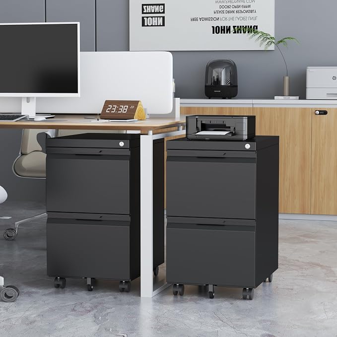 2 Drawer Mobile File Cabinet with Lock, Metal Small Filing Cabinets for Home Office Organizer,Rolling Filing Cabinets Under Desk Storage for Letter/Legal/A4,Assembly Required,Black