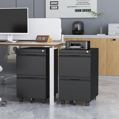 2 Drawer Mobile File Cabinet with Lock, Metal Small Filing Cabinets for Home Office Organizer,Rolling Filing Cabinets Under Desk Storage for Letter/Legal/A4,Assembly Required,Black
