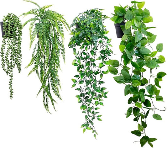 LOYWREE 4 Pack Fake Hanging Plants Artificial Ivy Vine Faux Potted Pothos Mandala Eucalyptus Boston Fern String of Pearls Trailing Plants for Shelf Room Office Home Wall Indoor Outdoor Decor