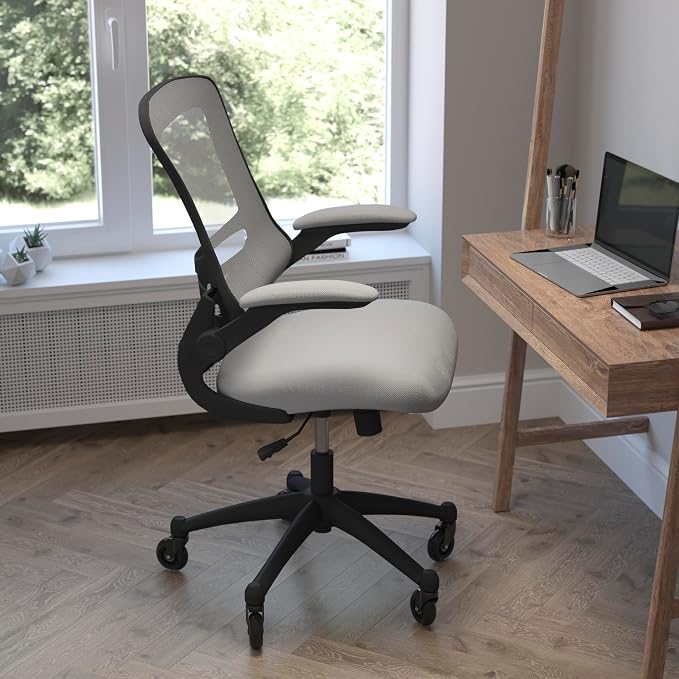 Flash Furniture Kelista Mid-Back Dark Gray Mesh Swivel Ergonomic Task Office Chair with Flip-Up Arms and Transparent Roller Wheels