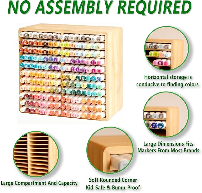 Bamboo Marker Organizer,Wooden Desktop Marker Storage,Art Supply Pencil Storage with 22 Compartments,Pen Holder for Office,Home,Classroom,Hold 176 Markers