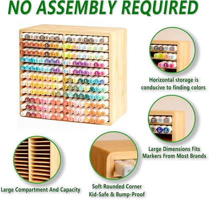 Bamboo Marker Organizer,Wooden Desktop Marker Storage,Art Supply Pencil Storage with 22 Compartments,Pen Holder for Office,Home,Classroom,Hold 176 Markers