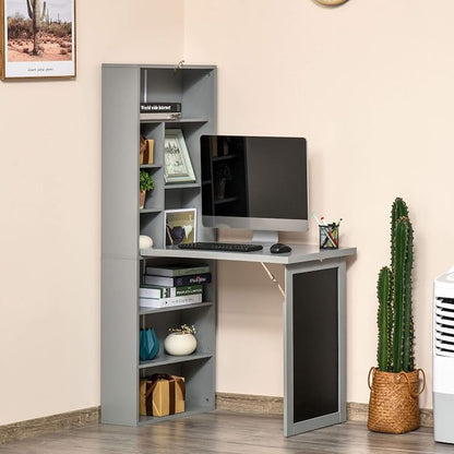 Folding Wall Mounted Desk with Storage, Expandable Hidden Computer Desk, Foldable Space-Saving Pull Out Murphy Table, Writing Table with Blackboard for Home Office Bedroom Small Spaces (Charcoal grey)