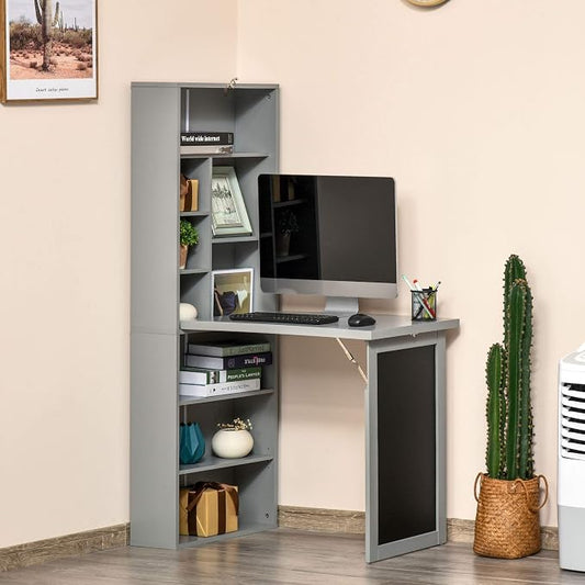 Folding Wall Mounted Desk with Storage, Expandable Hidden Computer Desk, Foldable Space-Saving Pull Out Murphy Table, Writing Table with Blackboard for Home Office Bedroom Small Spaces (Charcoal grey)