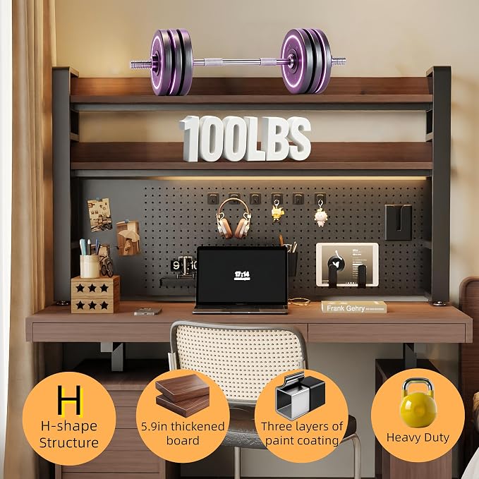 Desktop Hutch Bookshelf, 2-Tier Metal Desk Shelf for Top of Desk | Heavy Duty Countertop Organizer Rack with Peg Board & Accessories Space-Saving Storage for Dorm, Office & Home