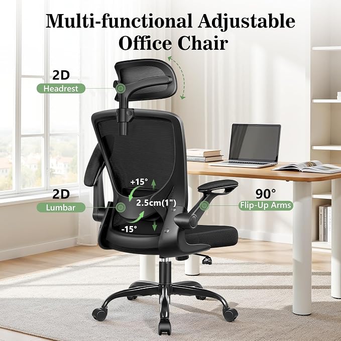 BESTFAIR Office Chair Ergonomic Desk Chair, Breathable Mesh Office Chairs with Adjustable Lumbar Support, Flip-Up Arms, Computer Desk Chair Comfy for Home Office, 6 Pack