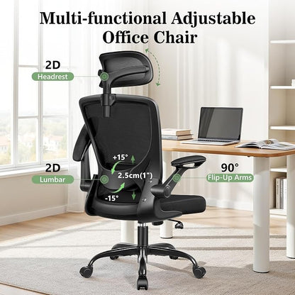 BESTFAIR Office Chair Ergonomic Desk Chair, Breathable Mesh Office Chairs with Adjustable Lumbar Support, Flip-Up Arms, Computer Desk Chair Comfy for Home Office, 6 Pack
