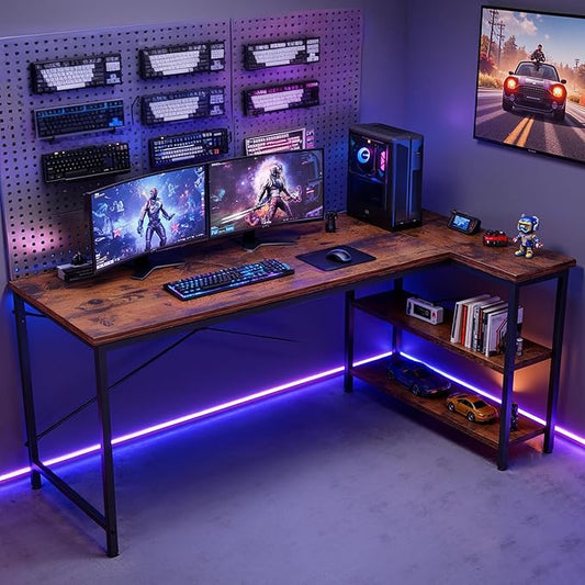 DUMOS L Shaped Desk 55 Inch Computer Corner Gaming Desks for Home Office PC Table with Reversible Storage Shelves for Writing Working Study Bedroom Dorm Rustic Brown