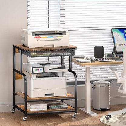 Large Printer Stand with Storage Shelf, 23.6''x18.9'' Rolling Printer Cart Holder with Lockable Wheels, 5-Adjustable Heights, 3D Scanner Fax Printer Table for Home Office Use, Large