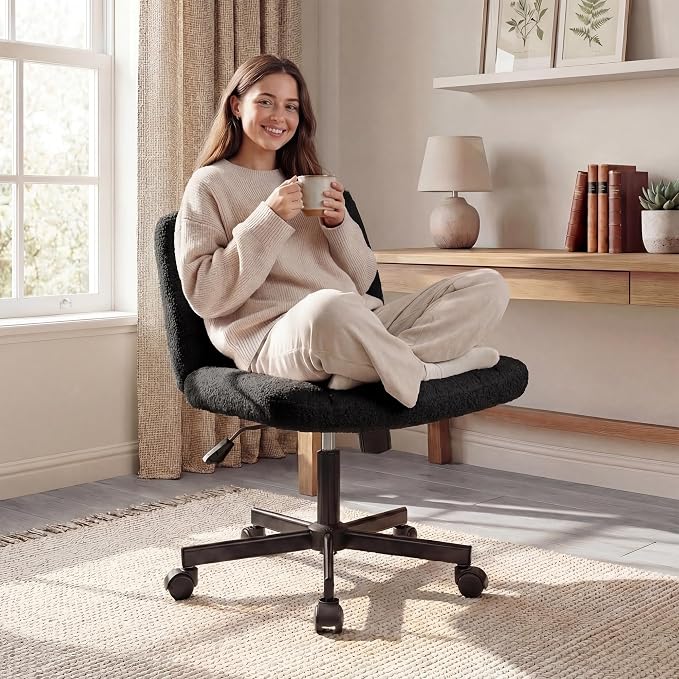 Orange Factory Criss Cross Chair Wheels Vanity Chair Office Desk Comfy Wide Cross Legged Armless Teddy Fabric Adjustable Swivel for Home Computer Task (Black, Teddy Fleece)