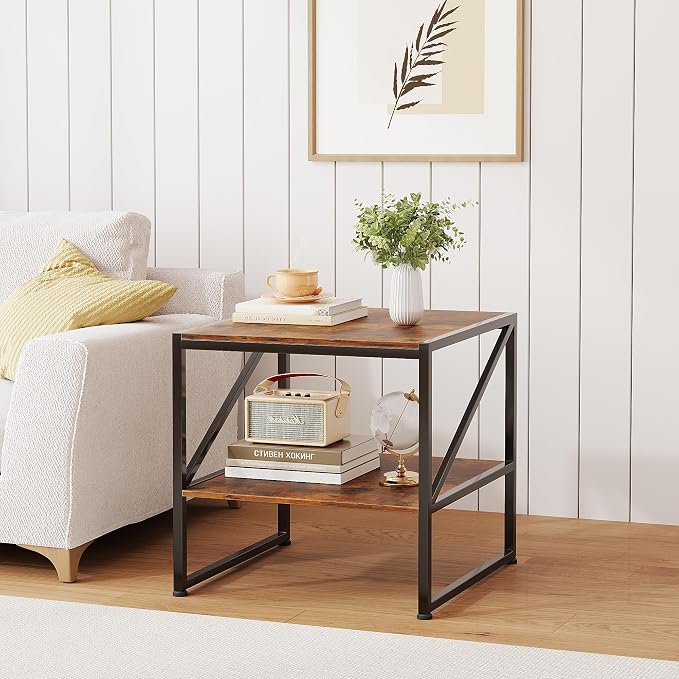 2-Tier Large Priner Stand with Storage Shelf, 20"×20" Under Desk Printer Table for Office, Mini Fridge Stand, End Table for Living Room, Heavy Duty Storage Rack for Scanner Fax Machine, Rustic Brown
