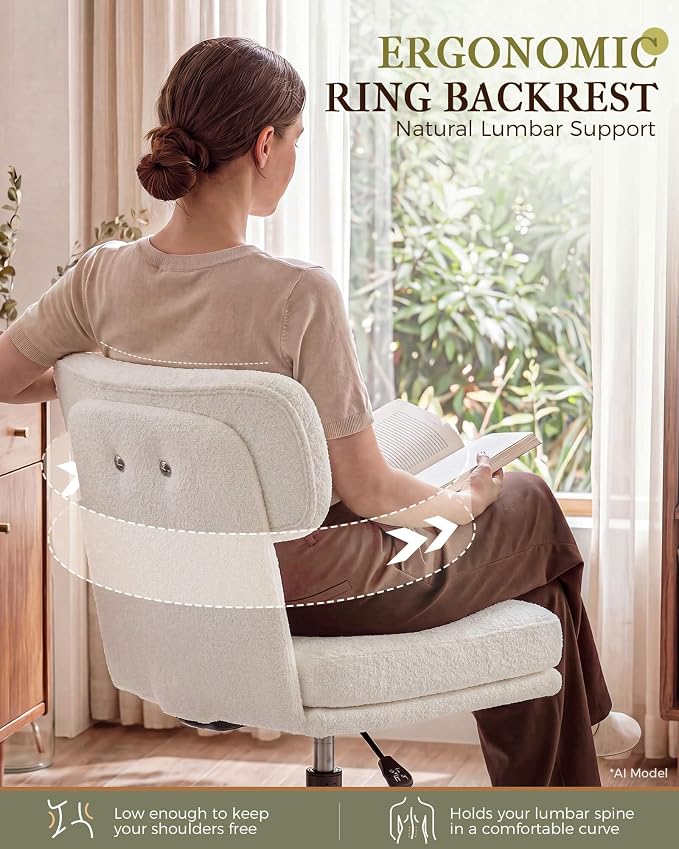 COMHOMA Home Office Desk Chairs with Ergonomic Curved Backrest, Mid Century Modern Vanity Chair with Wheel for Bedroom, Chenille Upholstered, White