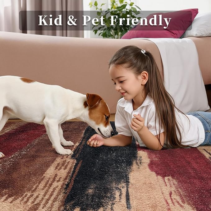 Ciicool Modern Abstract Red Black Rug for Living Room, 9'x12' Machine Washable Area Rug Non-Slip Rug, Low-Pile Contemporary Indoor Dining Floor Carpet for Bedroom Office Under Table Home Decor
