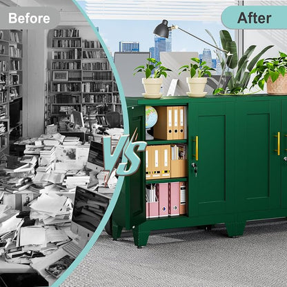 pozdeg 35.43" Metal Storage Cabinet with Lock, Metal File Cabinet with 2 Doors ＆ 2 Adjustable Shelves, Steel Locker Utility Tool Garage Cabinets for Home, Office, Warehouse (Green)