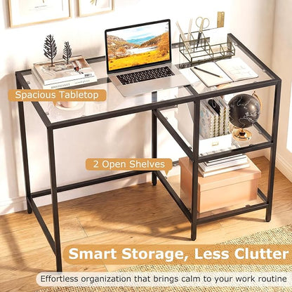 GOFLAME Computer Desk with Shelves, 42” Home Office Desk with Metal Frame, Tempered Glass Study Writing Table, Modern Simple PC Desk for Living Room Bedroom (Black)
