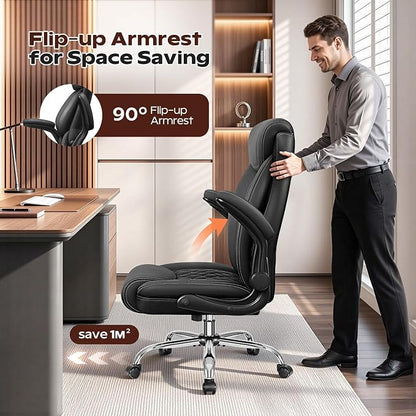 BestGlory Office Chair, Ergonomic High Back Home Office Desk Chair, Big and Tall Breathable Leather Office Chair with Lumbar Support Flip-Up Armrests, Computer Gaming Chair with Rocking Function