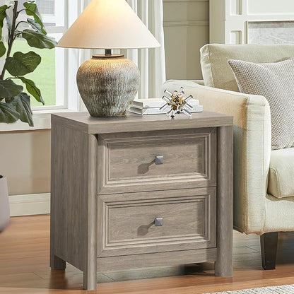 Grey Nightstand Rustic Wood Night Stand for Bedroom Living Room Sofa Couch, Farmhouse Nightstand with 2 Drawers, 22.8” Wide Large Bed Side Table, Bedside End Table with Metal Knob, Gray Color